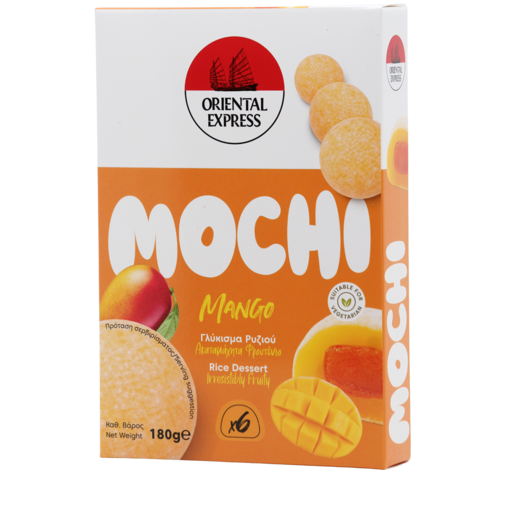 Ανακαλύψτε το αυθεντικό ιαπωνικό Mochi Μάνγκο από την Oriental Express. Λαχταριστό, δροσιστικό γλύκισμα από κολλώδες ρύζι με βελούδινη κρέμα μάνγκο. 100% Vegan επιδόρπιο